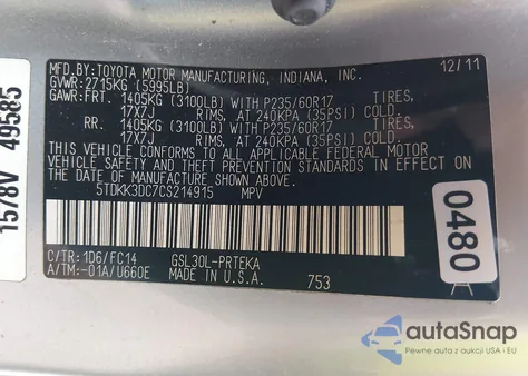 2012 Toyota Sienna Le V6 8 Passenger from USA, damaged, VIN 5TDKK3DC7CS214915